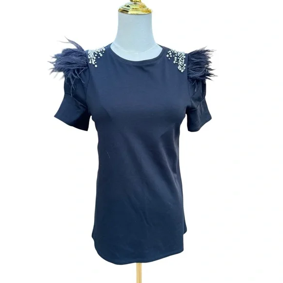 Embellished Black Top with Feather Details - Picture 1 of 4